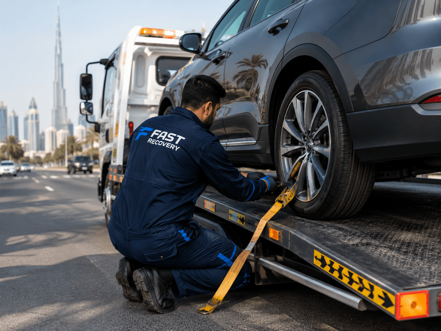 Fast Recovery roadside technician securing a vehicle on a recovery truck in Dubai